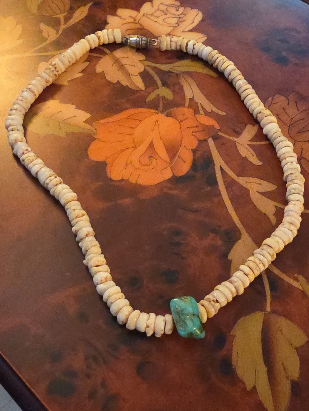 Handmade Vintage Style Puka Shell Necklace with Turquoise Accent